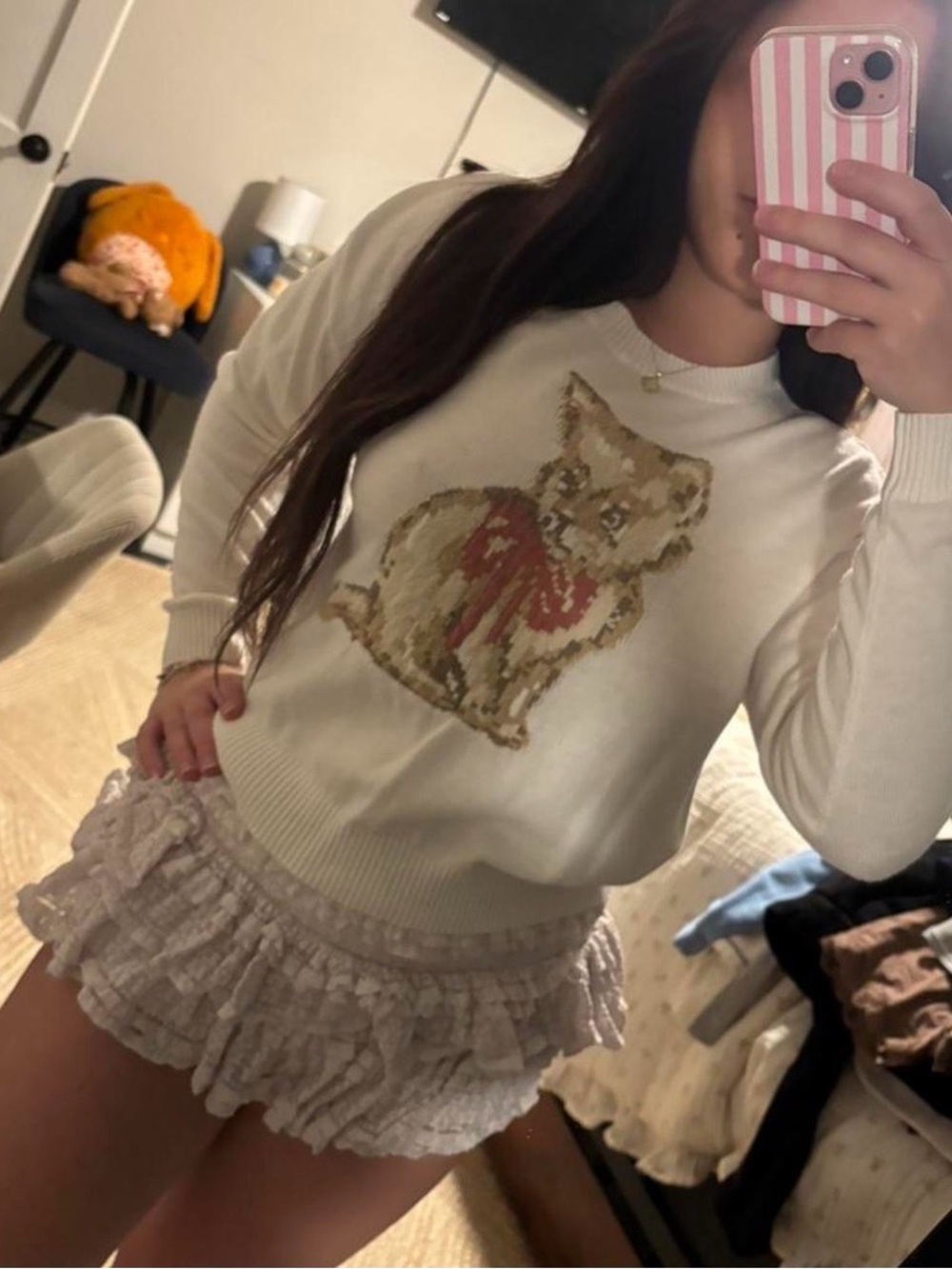 Aeropostale Cream Sweater with Kitten Graphic and Red Accent